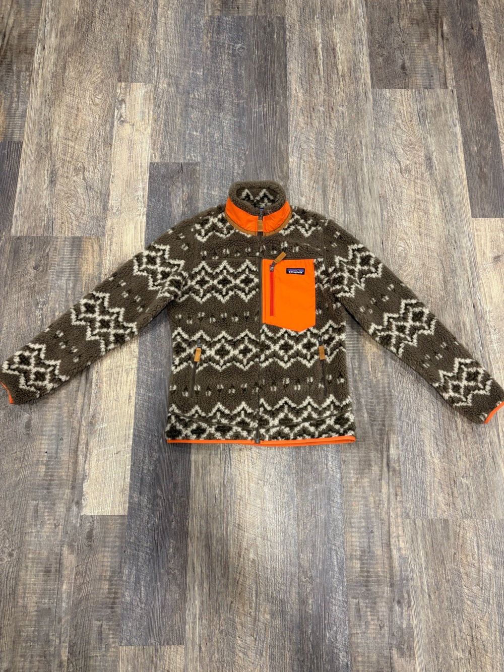 Patagonia Brown & Cream Patterned Fleece Zip Pullover with Orange Chest Pocket